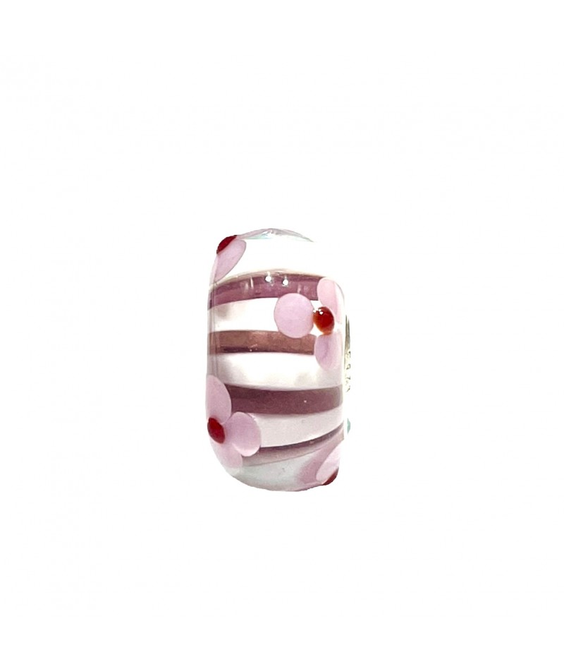 Trollbeads - Beads Unico Strisce Bianche e Rosa con Fiori
