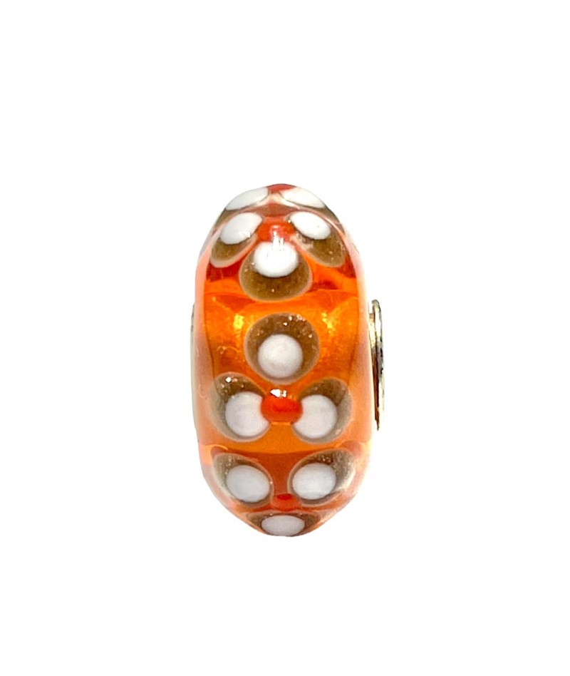Trollbeads - Beads Unico Arancione con fiori bianchi e oro