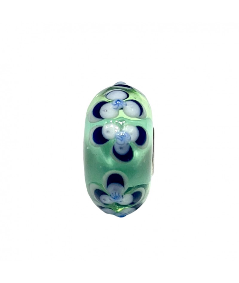 Trollbeads - Beads Unico Verde con Fiori Bianchi e Blu