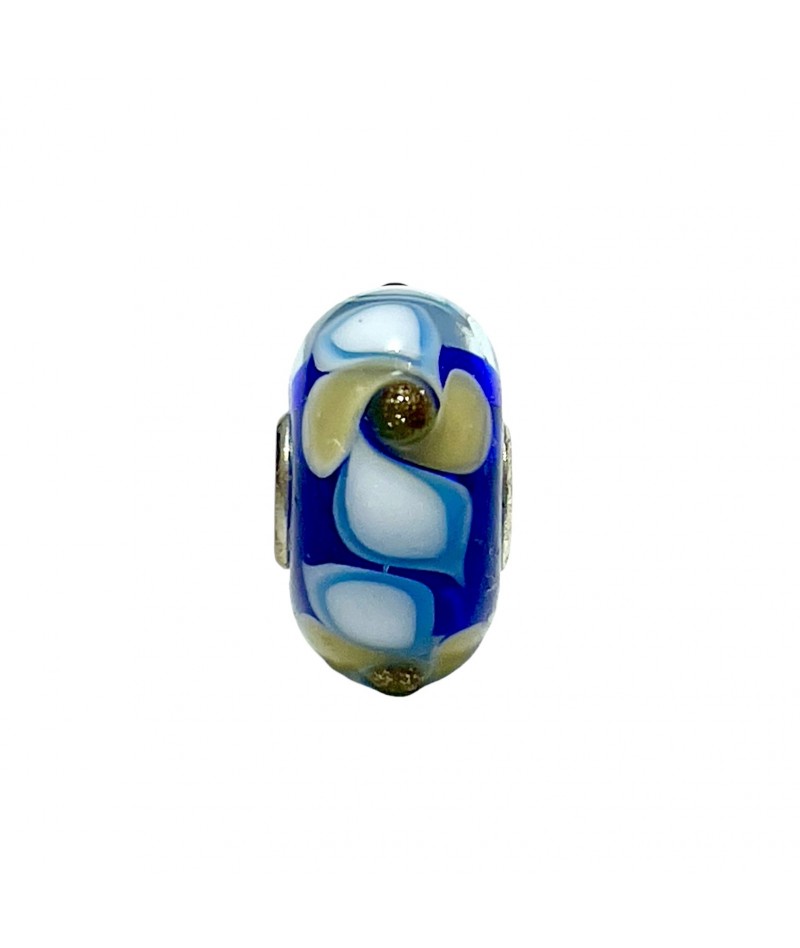 Trollbeads - Beads Unico Blu con Fiori Bianchi e Oro