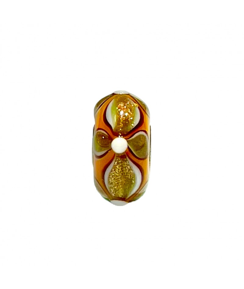 Trollbeads - Beads Unico Arancione con fiore bianco e oro